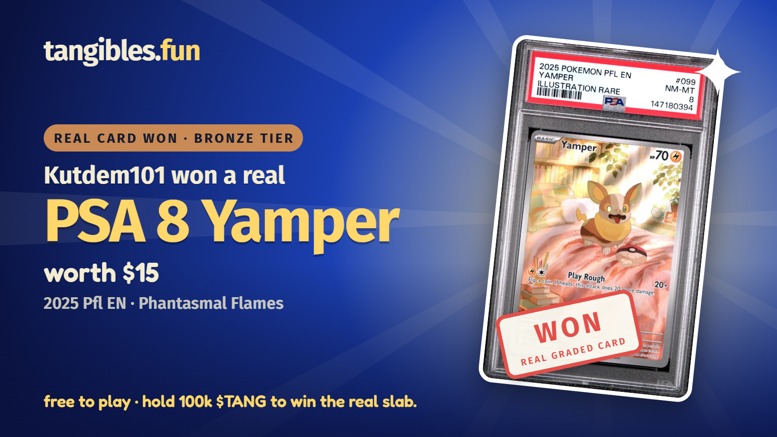 Kutdem101 won a real 2025 #099 Yamper PSA 8 Pfl EN-Phantasmal Flames on Tangibles